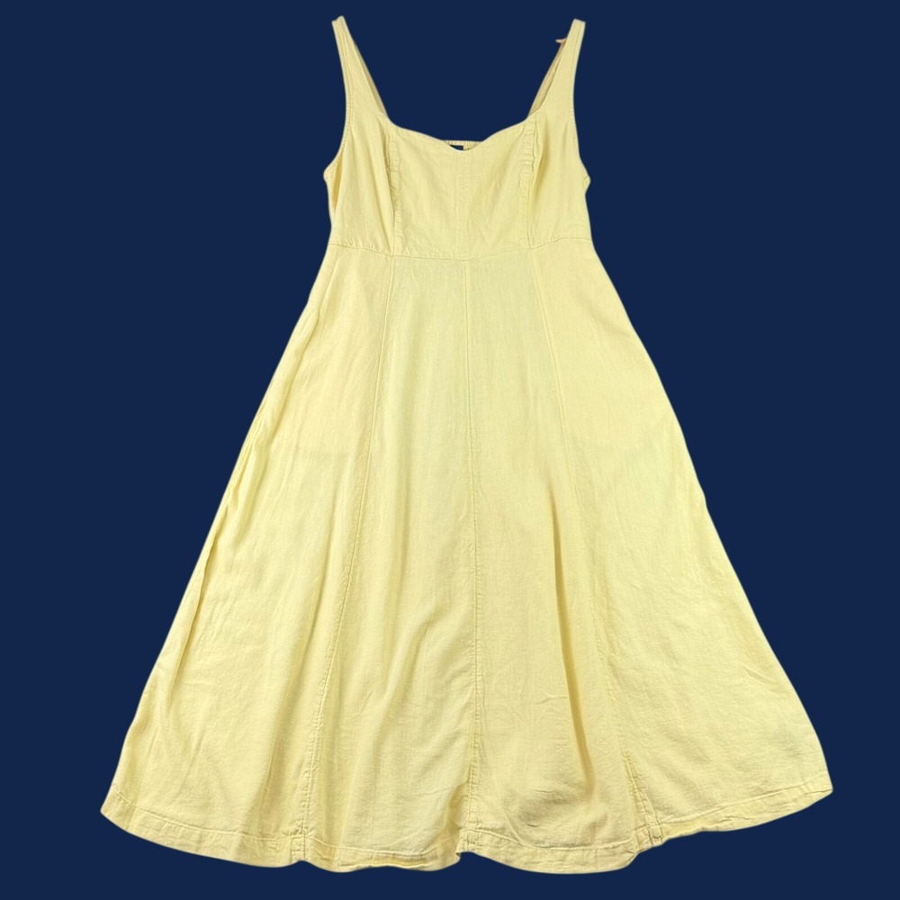 Old Navy Notch Neck Midi Dress Womens Medium Yellow Linen Cottagecore Pockets